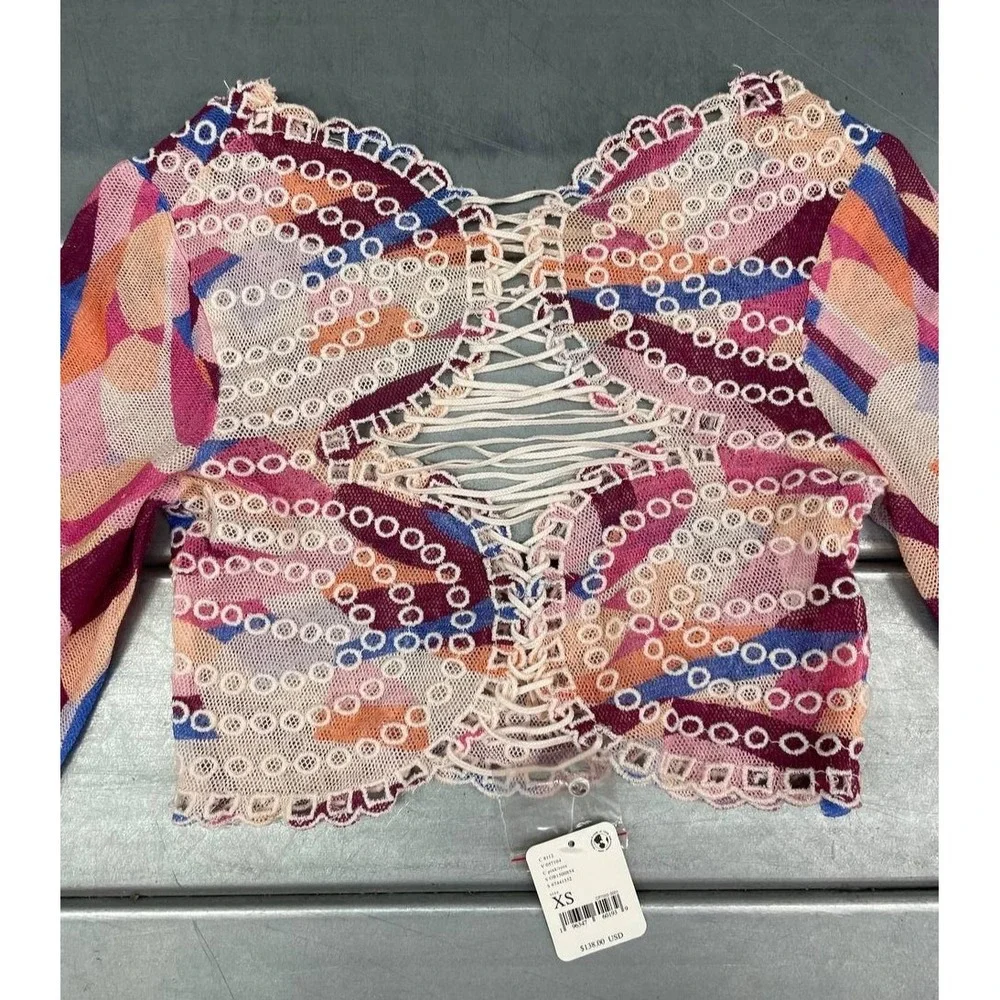 Free People Multicolor Crochet Sequin Bell Sleeve Crop Top